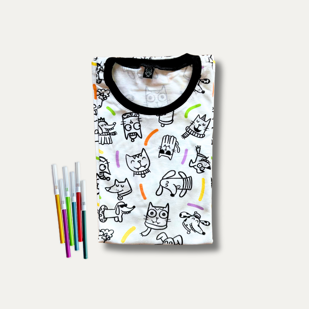 Camiseta Adulto para Colorir Pets + 6 canetinhas