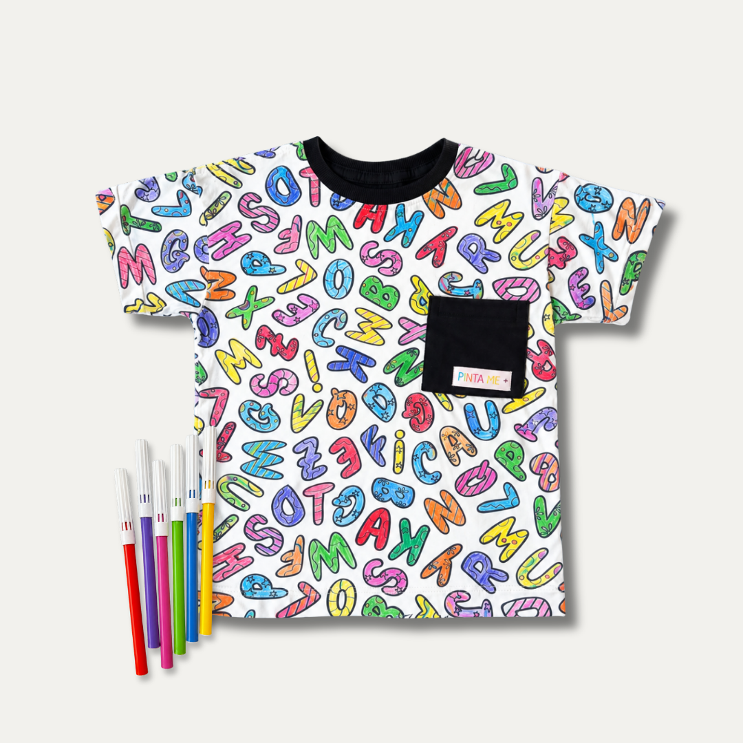 Camiseta Infantil para Colorir Alfabeto da PINTA + 6 canetinhas