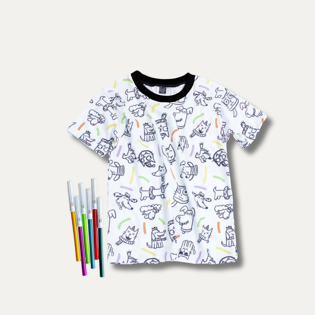 Camiseta Infantil para Colorir PETS + 6 canetinhas