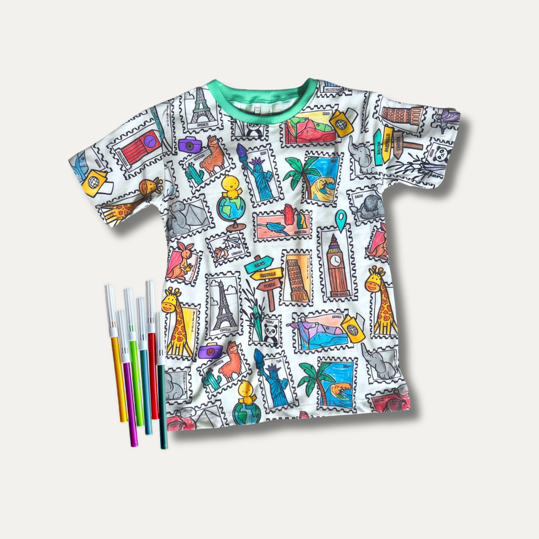 Camiseta Infantil para Colorir Viagem Colorida + 6 canetinhas