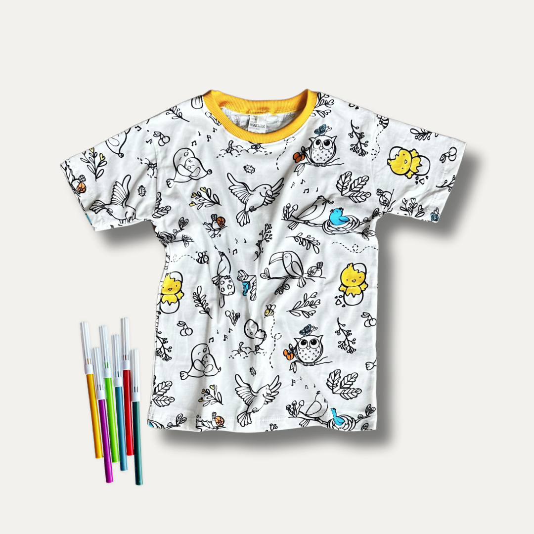 Camiseta Infantil para Colorir Voa Passarinho+ 6 canetinhas