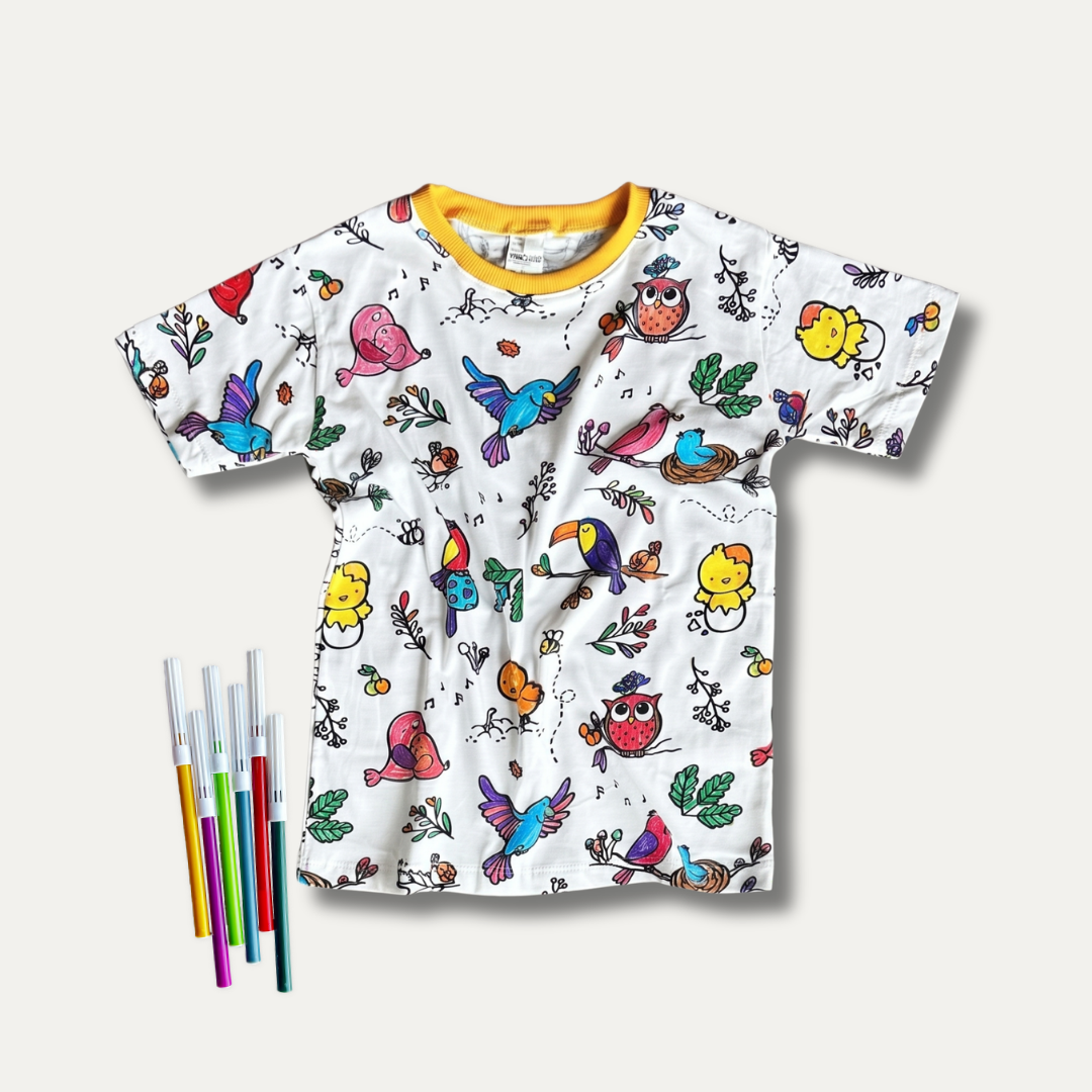 Camiseta Infantil para Colorir Voa Passarinho+ 6 canetinhas
