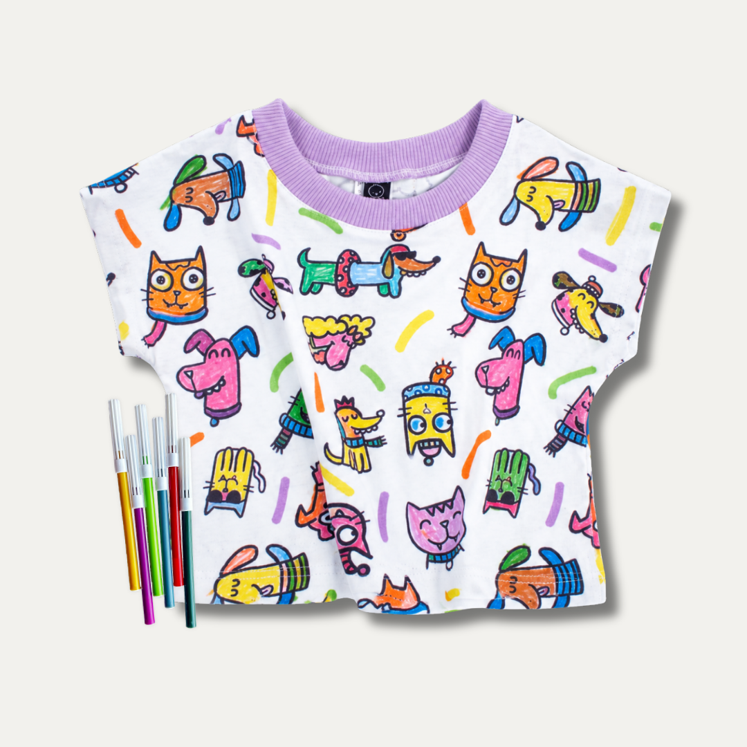 Cropped Infantil para Colorir PETS + 6 canetinhas