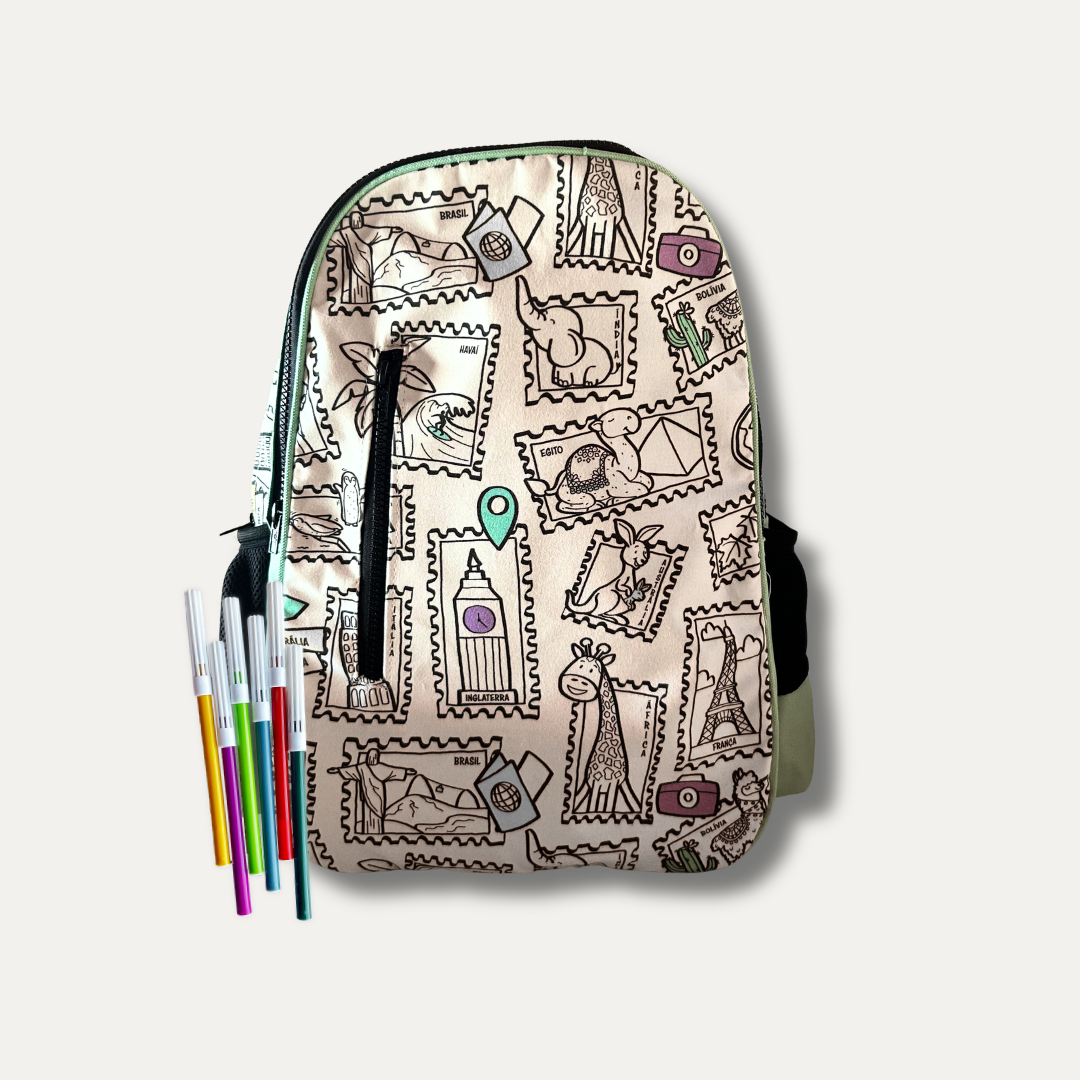 Mochila Infantil para Colorir Viagem Colorida + 6 canetinhas
