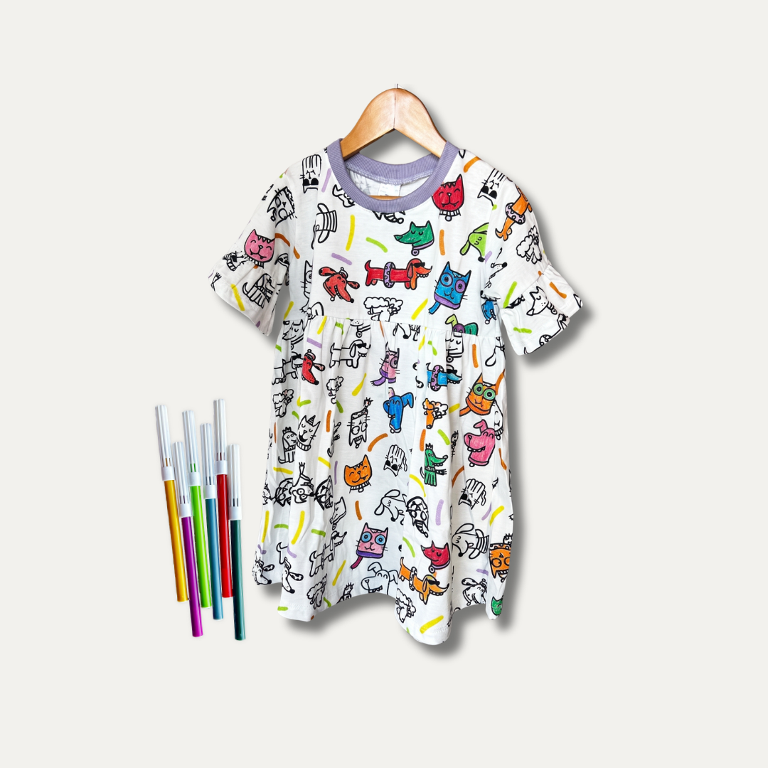 Vestido Infantil para Colorir Pets + 6 canetinhas