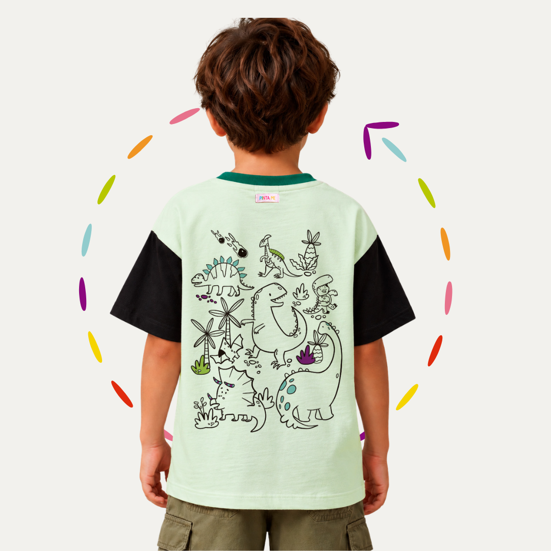 Camiseta Infantil VIRA! Dinos para Colorir + 6 Canetinhas