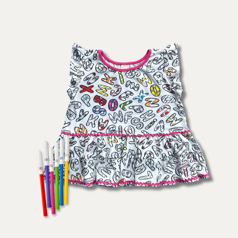 Blusa Infantil para Colorir Alfabeto da PINTA + 6 canetinhas