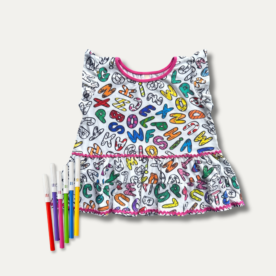 Blusa Infantil para Colorir Alfabeto da PINTA + 6 canetinhas