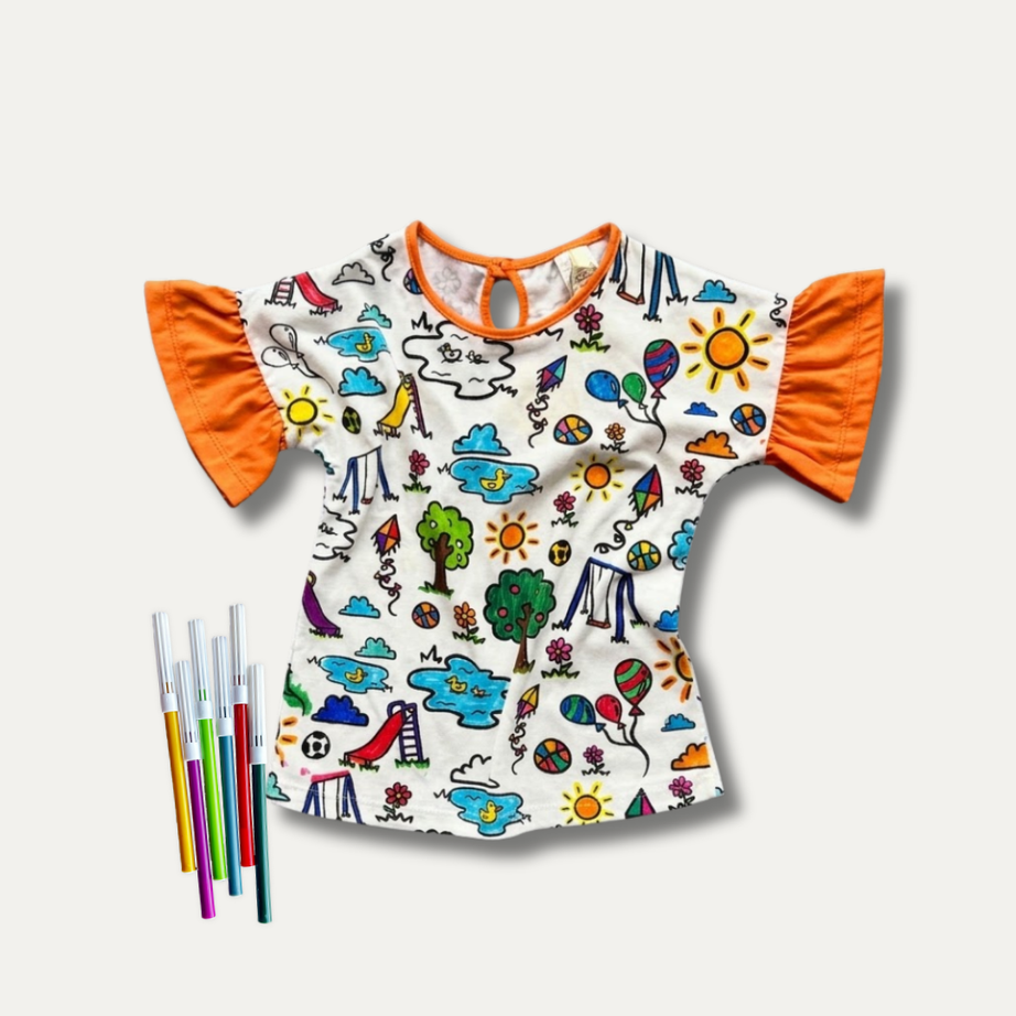 Blusa Frufru Infantil para Colorir  DIA DE BRINCAR + 6 canetinhas