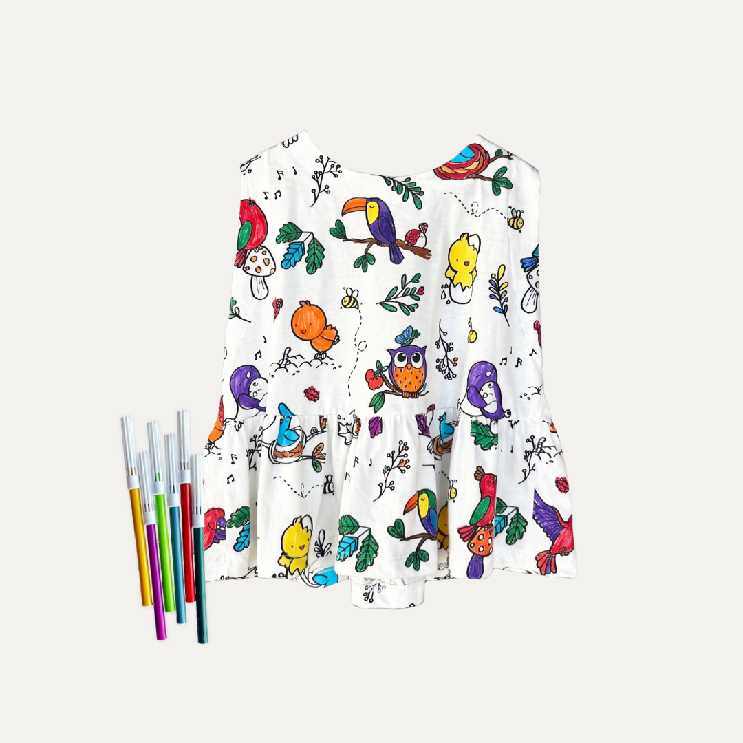 Blusa Infantil para Colorir Voa Passarinho + 6 canetinhas