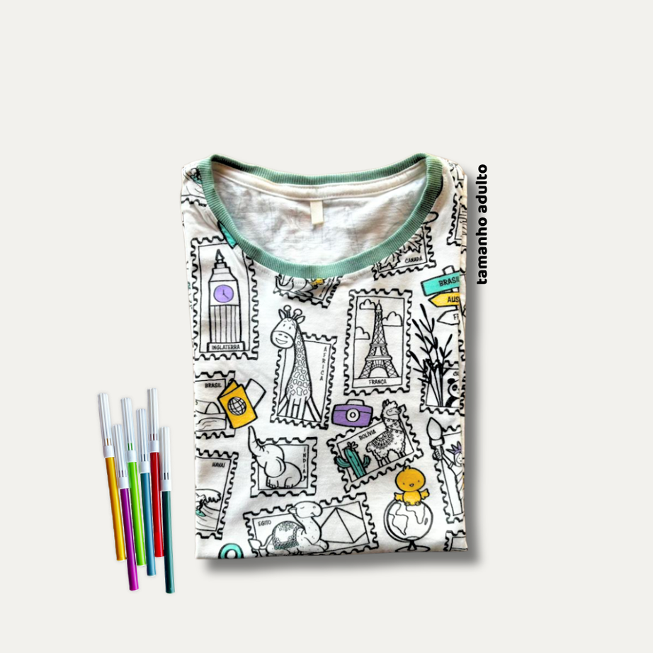 Camiseta Adulto para Colorir  Viagem Colorida + 6 canetinhas