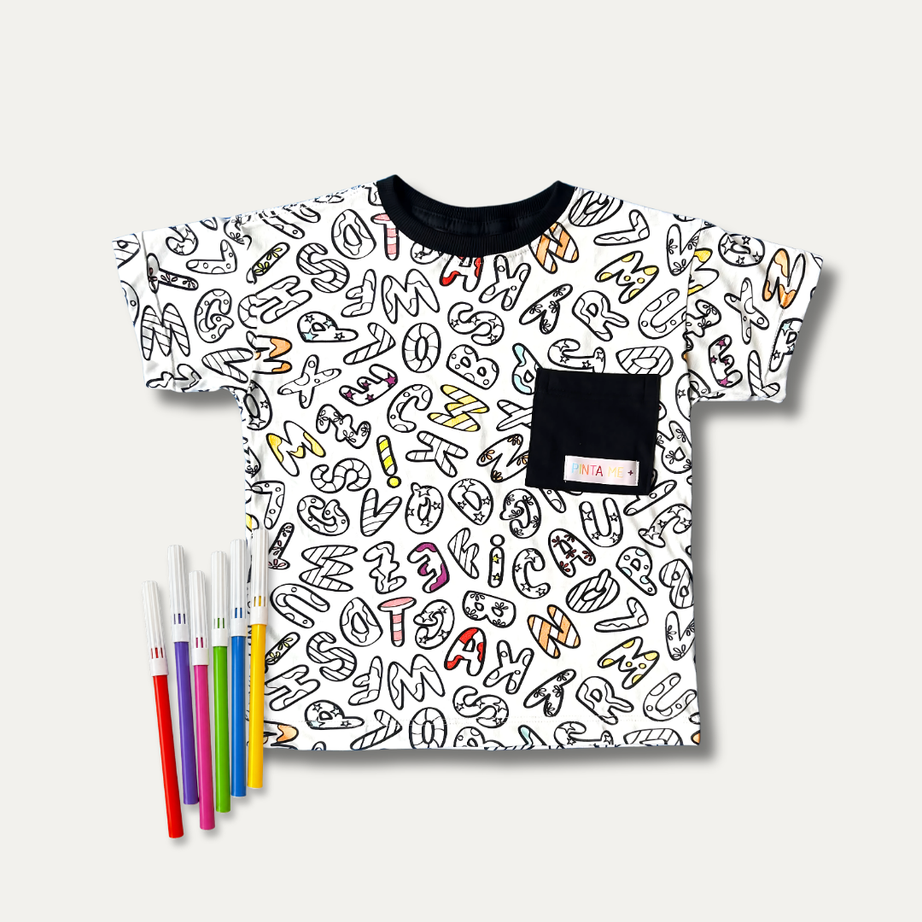 Camiseta Infantil para Colorir Alfabeto da PINTA + 6 canetinhas