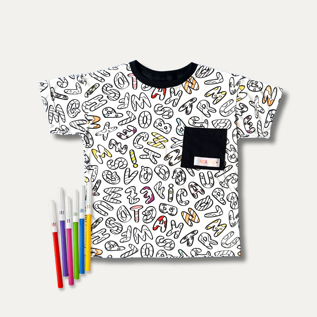 Camiseta Infantil para Colorir Alfabeto da PINTA + 6 canetinhas