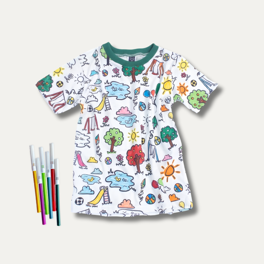 Camiseta Infantil para Colorir  DIA DE BRINCAR + 6 canetinhas