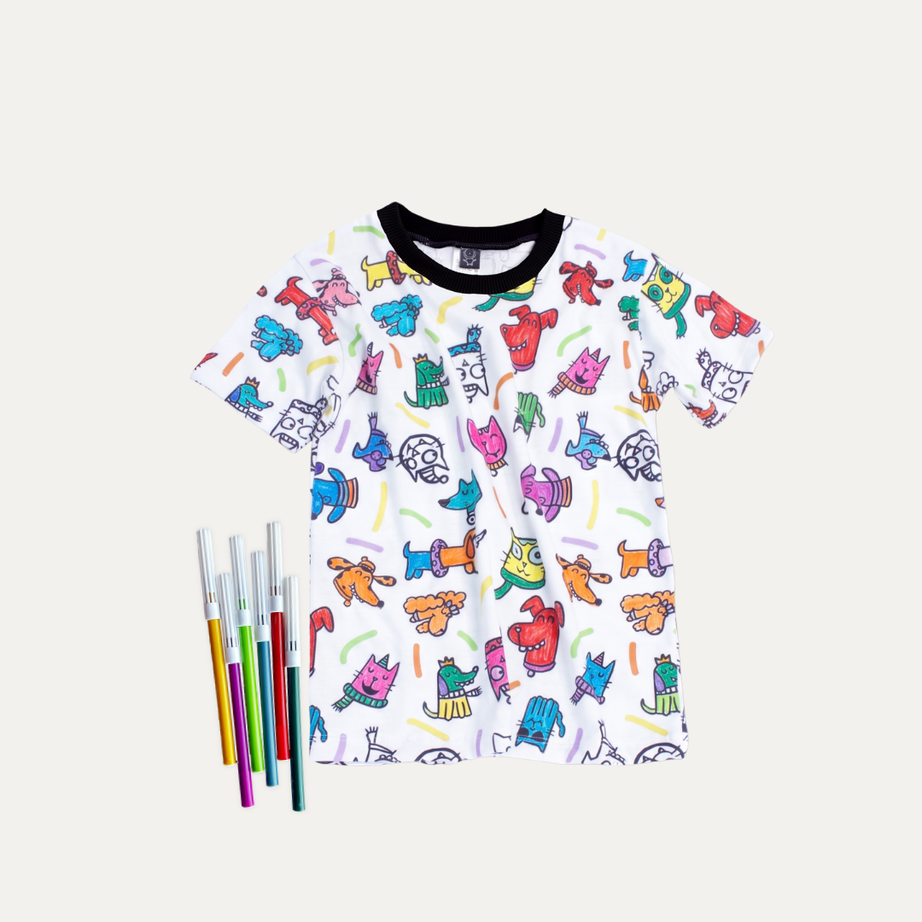 Camiseta Infantil para Colorir  PETS + 6 canetinhas