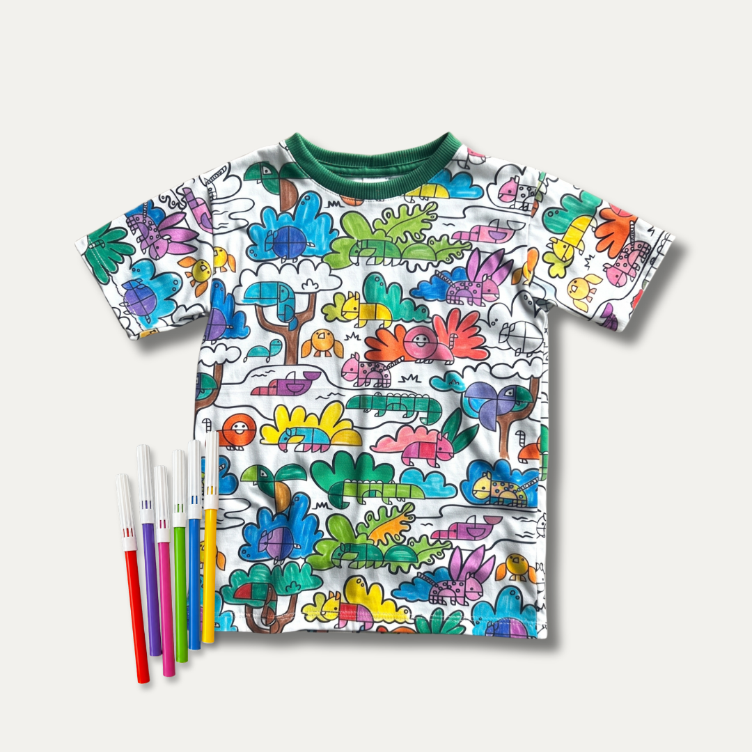 Camiseta Infantil para Colorir Tangram + 12 Canetinhas