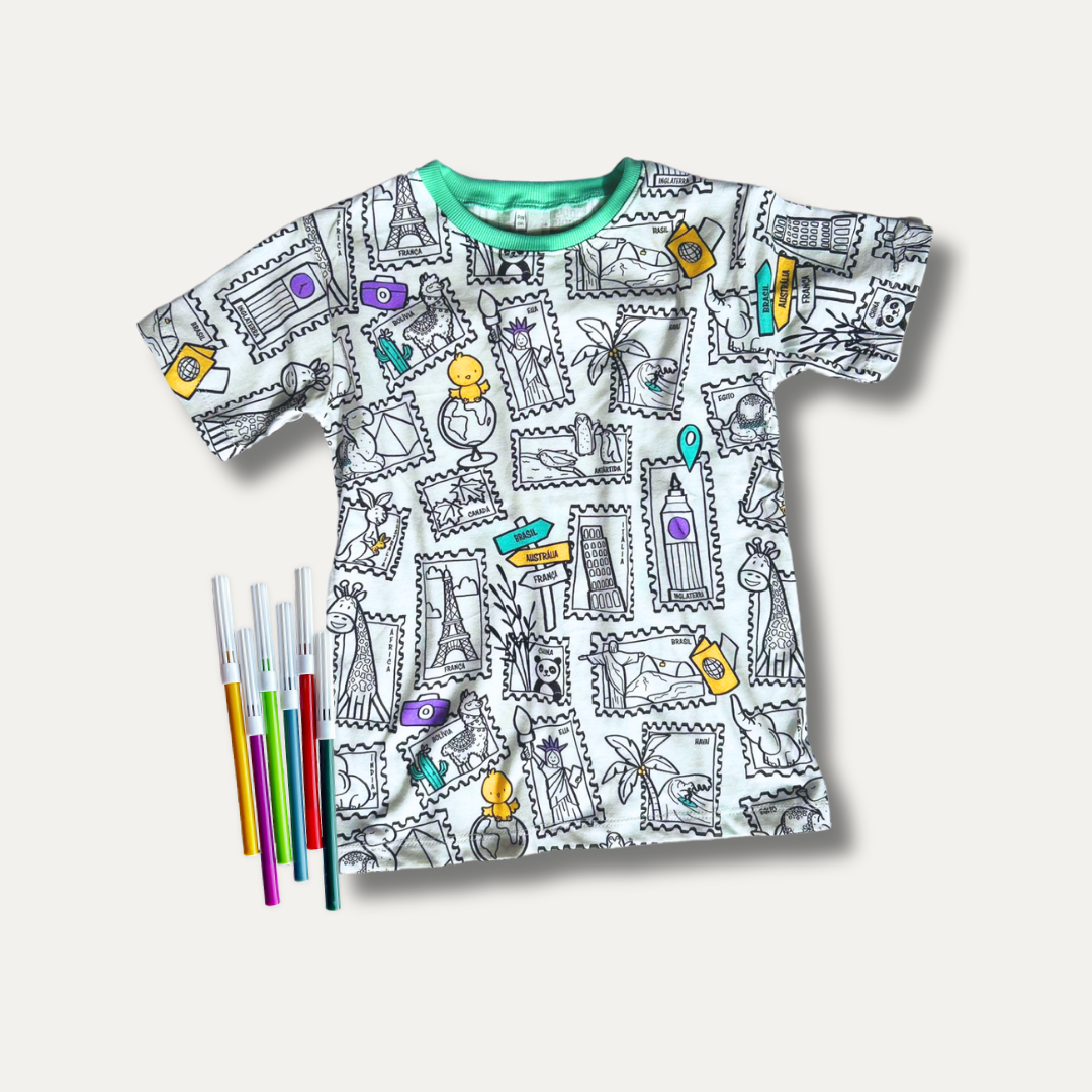 Camiseta Infantil para Colorir Viagem Colorida + 6 canetinhas