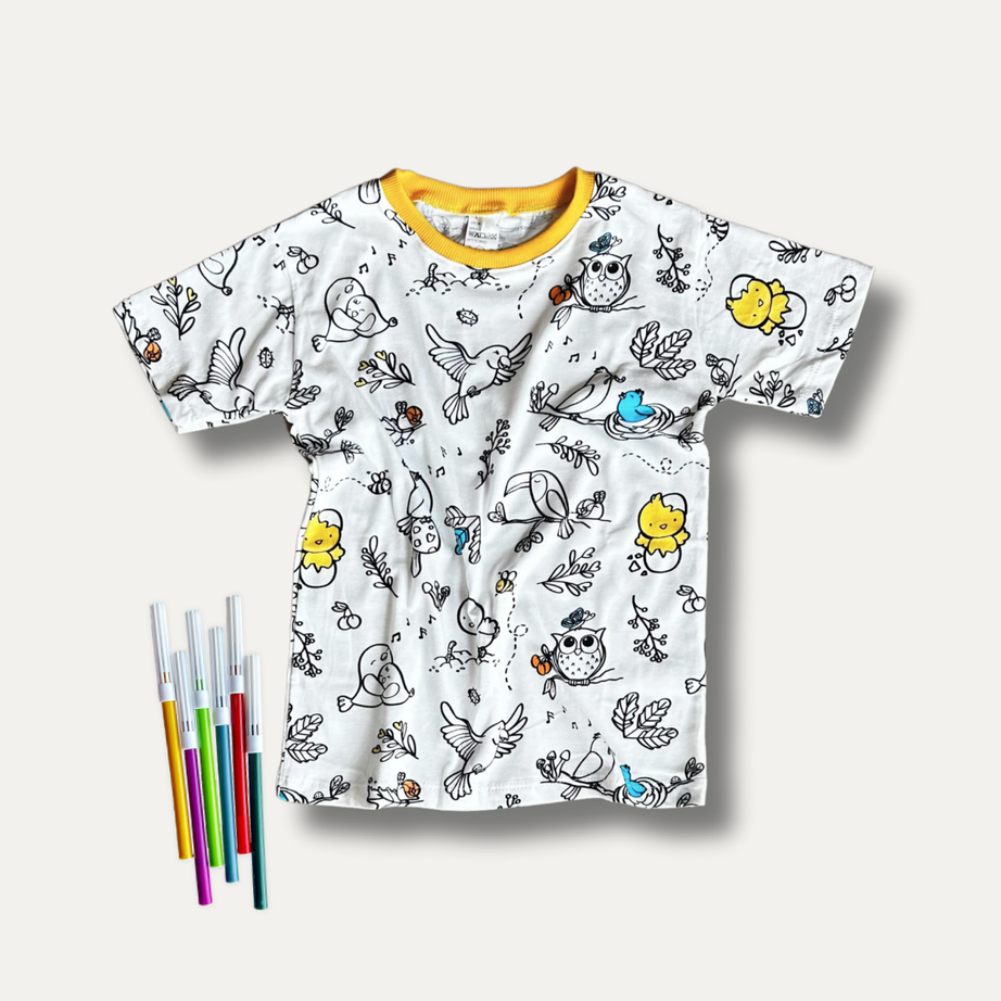 Camiseta Infantil para Colorir  Voa Passarinho+ 6 canetinhas