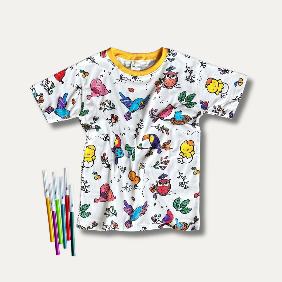 Camiseta Infantil para Colorir  Voa Passarinho+ 6 canetinhas