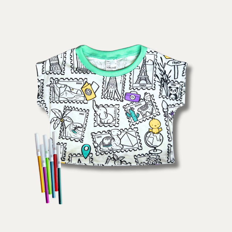 Cropped Infantil para Colorir  Viagem Colorida + 6 canetinhas