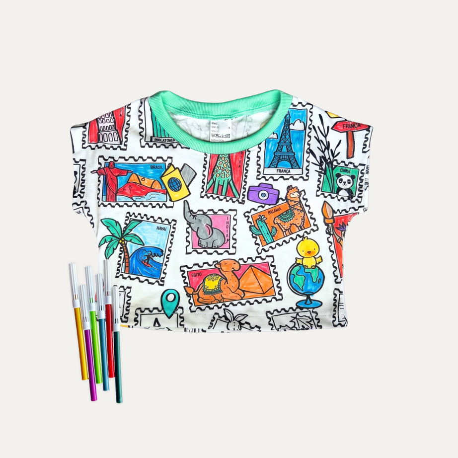 Cropped Infantil para Colorir  Viagem Colorida + 6 canetinhas