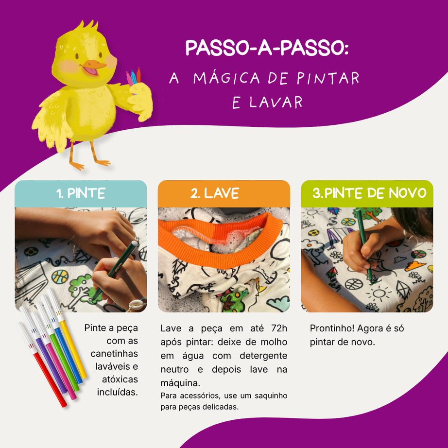 Camiseta Bolso Infantil para Colorir DIA DE BRINCAR + 6 canetinhas