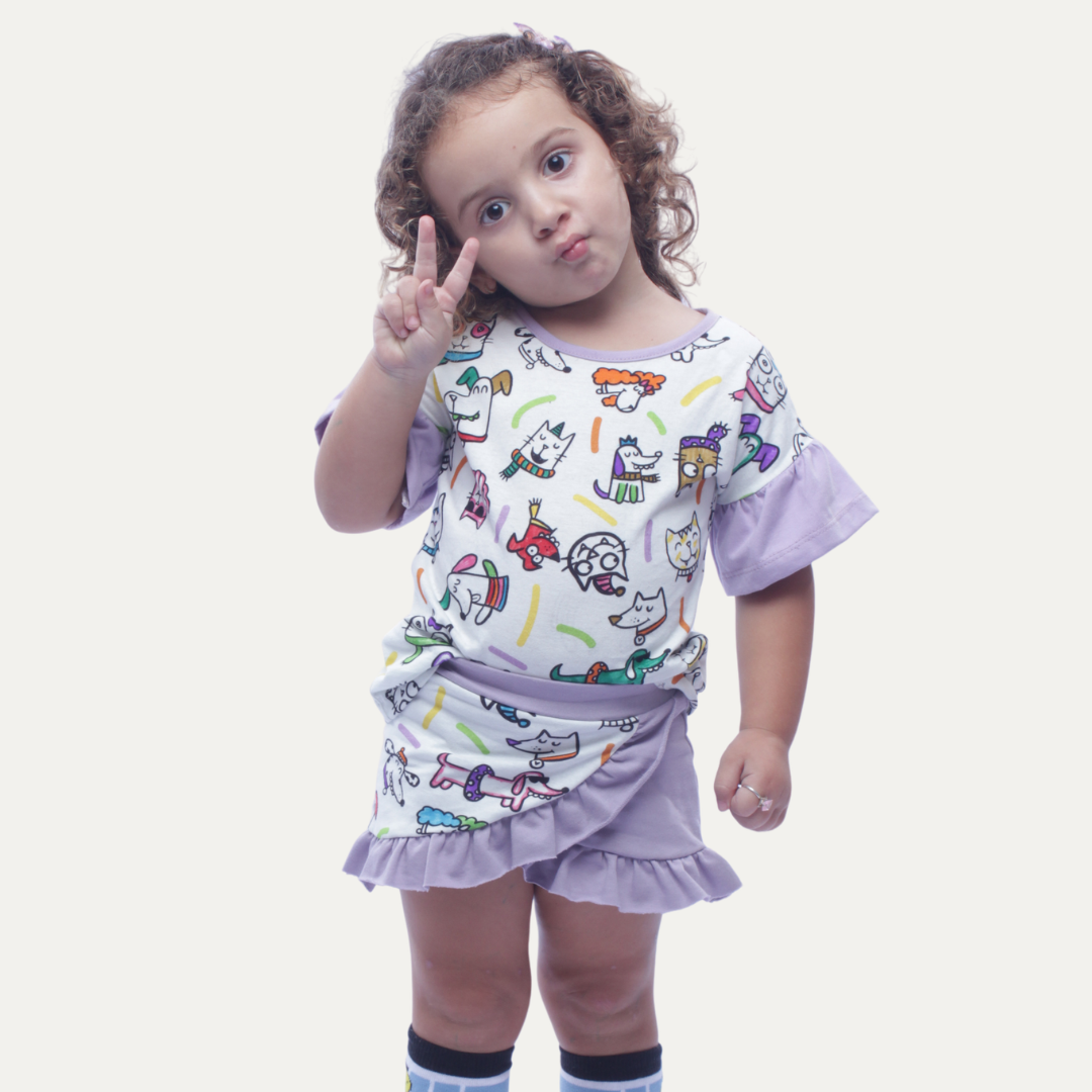 Short Saia Infantil para Colorir  PETS + 6 canetinhas