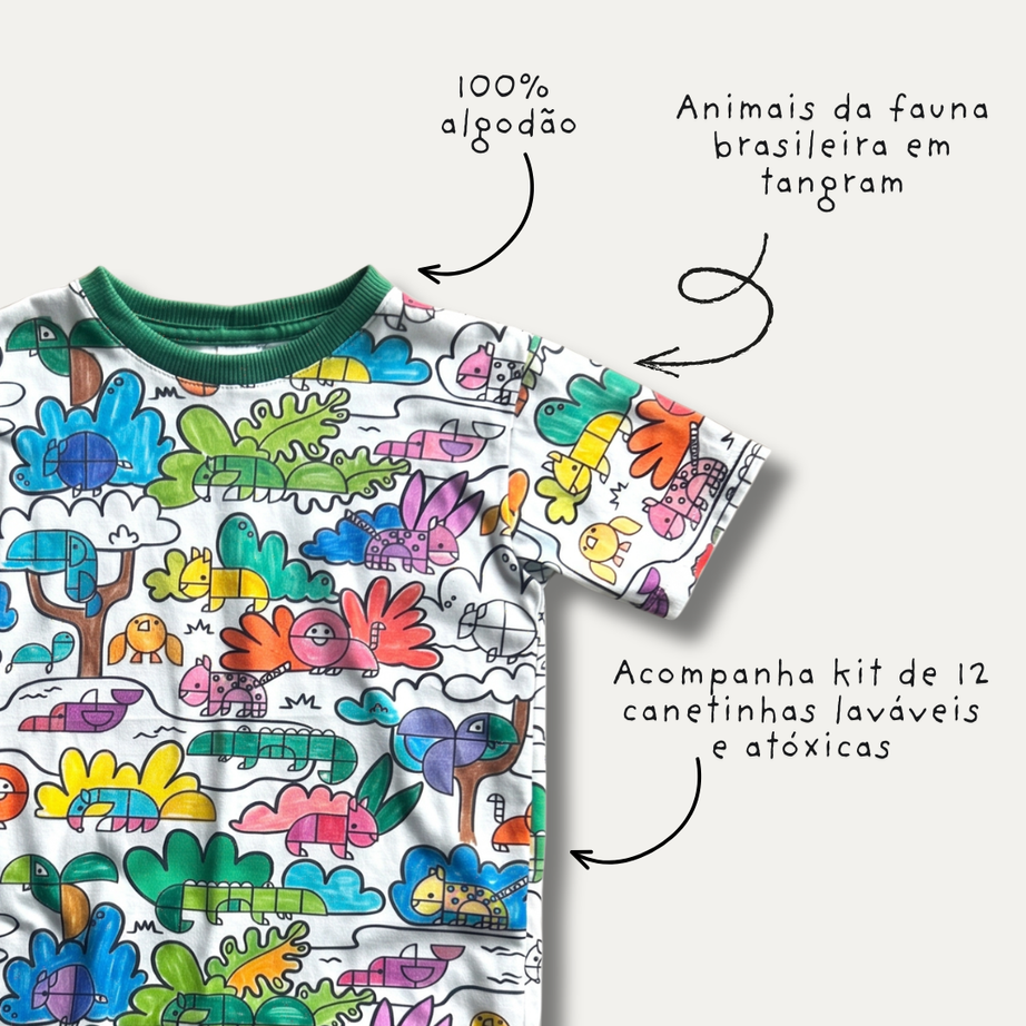 Camiseta Infantil para Colorir Tangram + 12 Canetinhas