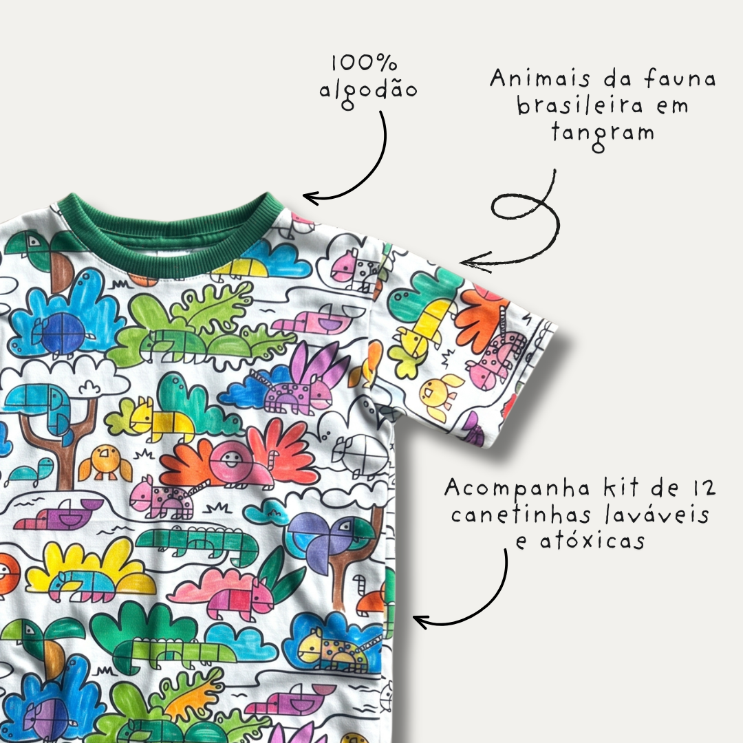Camiseta Infantil para Colorir Tangram + 12 Canetinhas