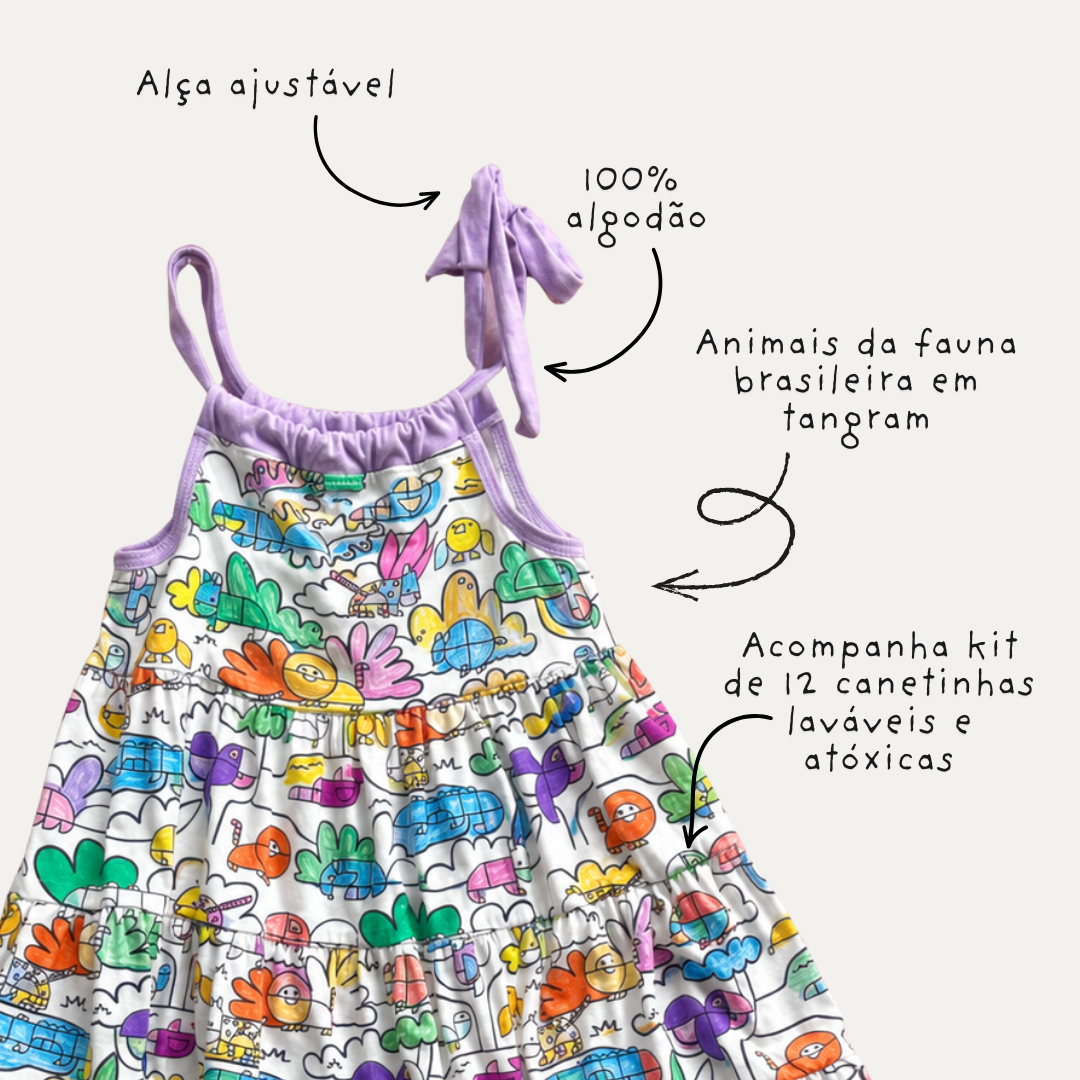 Vestido Infantil para Colorir Tangram + 12 canetinhas