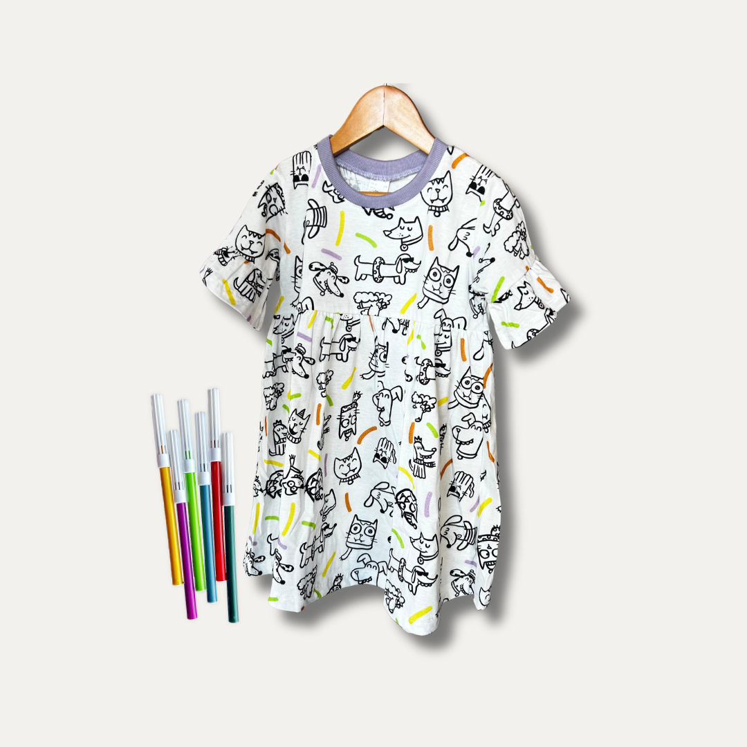 Vestido Infantil para Colorir  Pets + 6 canetinhas