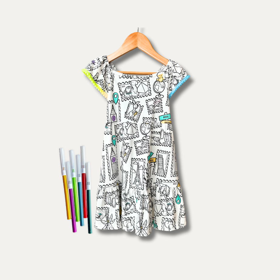 Vestido Infantil para Colorir  Viagem Colorida + 6 canetinhas
