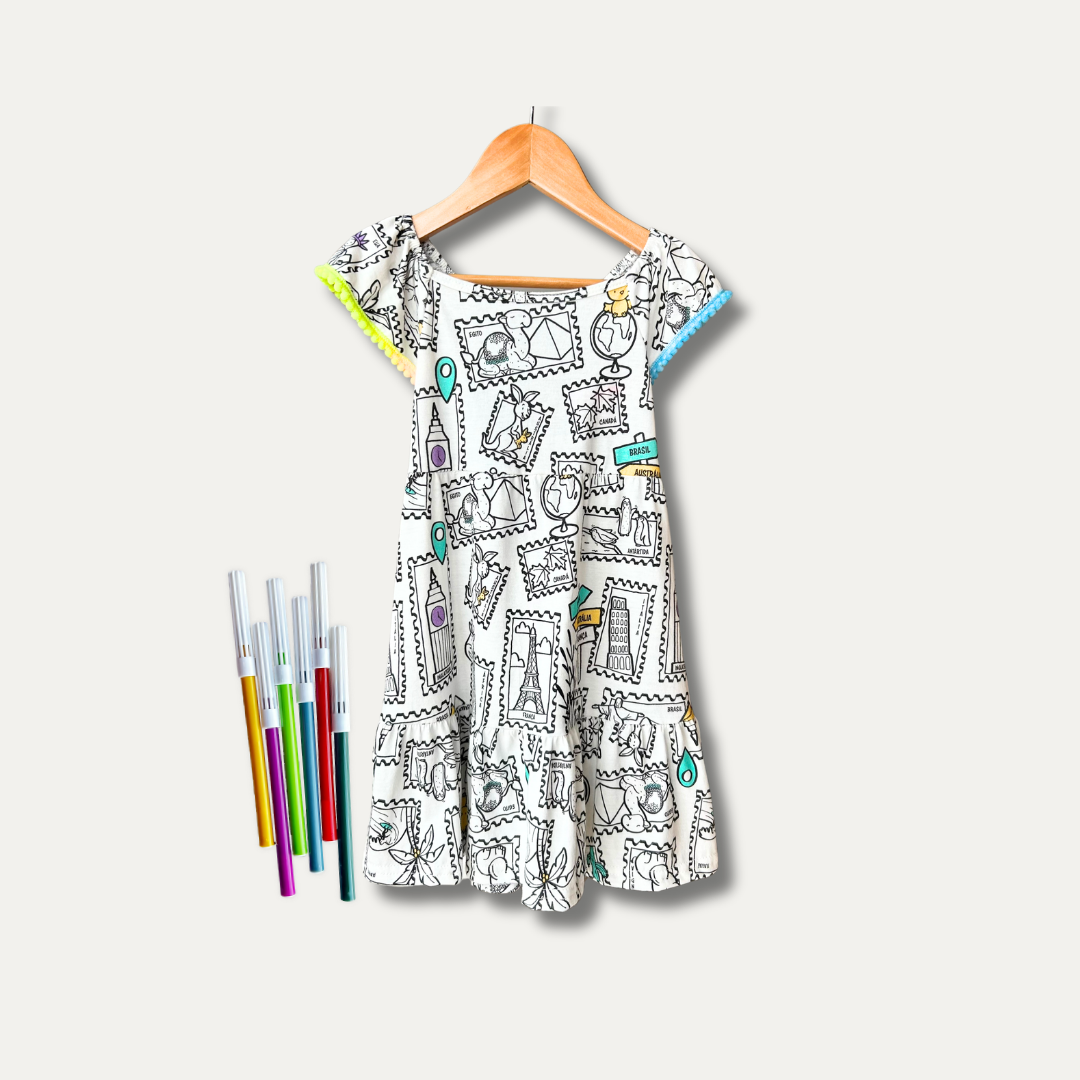 Vestido Infantil para Colorir  Viagem Colorida + 6 canetinhas