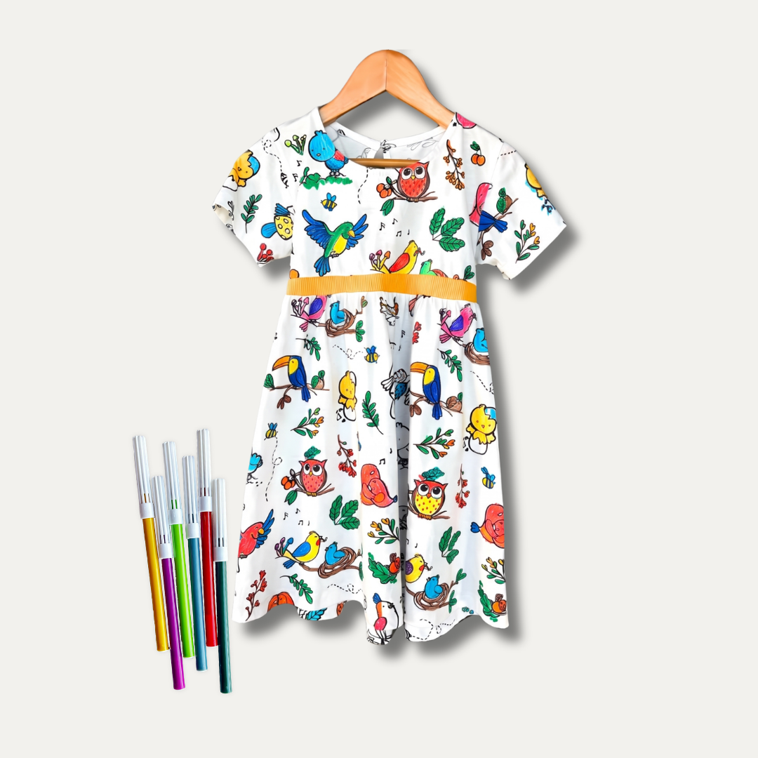 Vestido Infantil para Colorir Voa Passarinho + 6 canetinhas