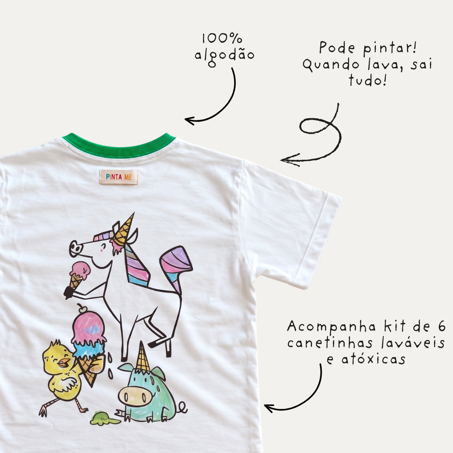Camiseta Infantil VIRA! Sorvete para Colorir + 6 Canetinhas