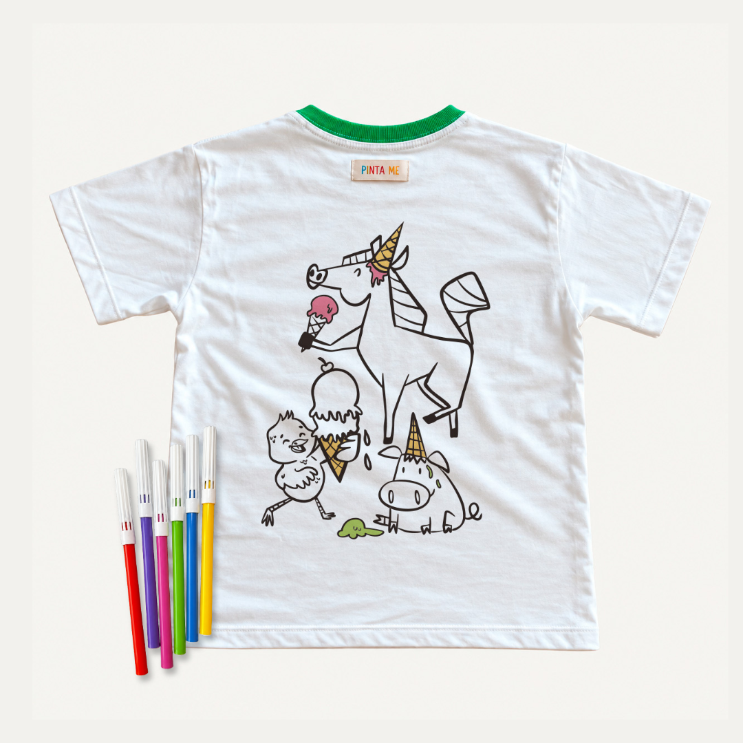 Camiseta Infantil VIRA! Sorvete para Colorir + 6 Canetinhas