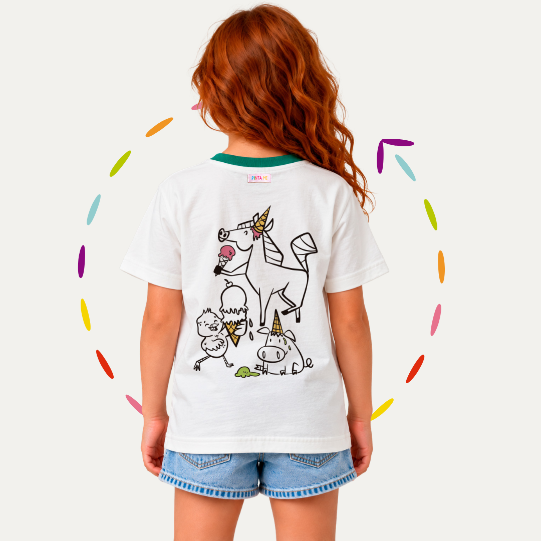 Camiseta Infantil VIRA! Sorvete para Colorir + 6 Canetinhas