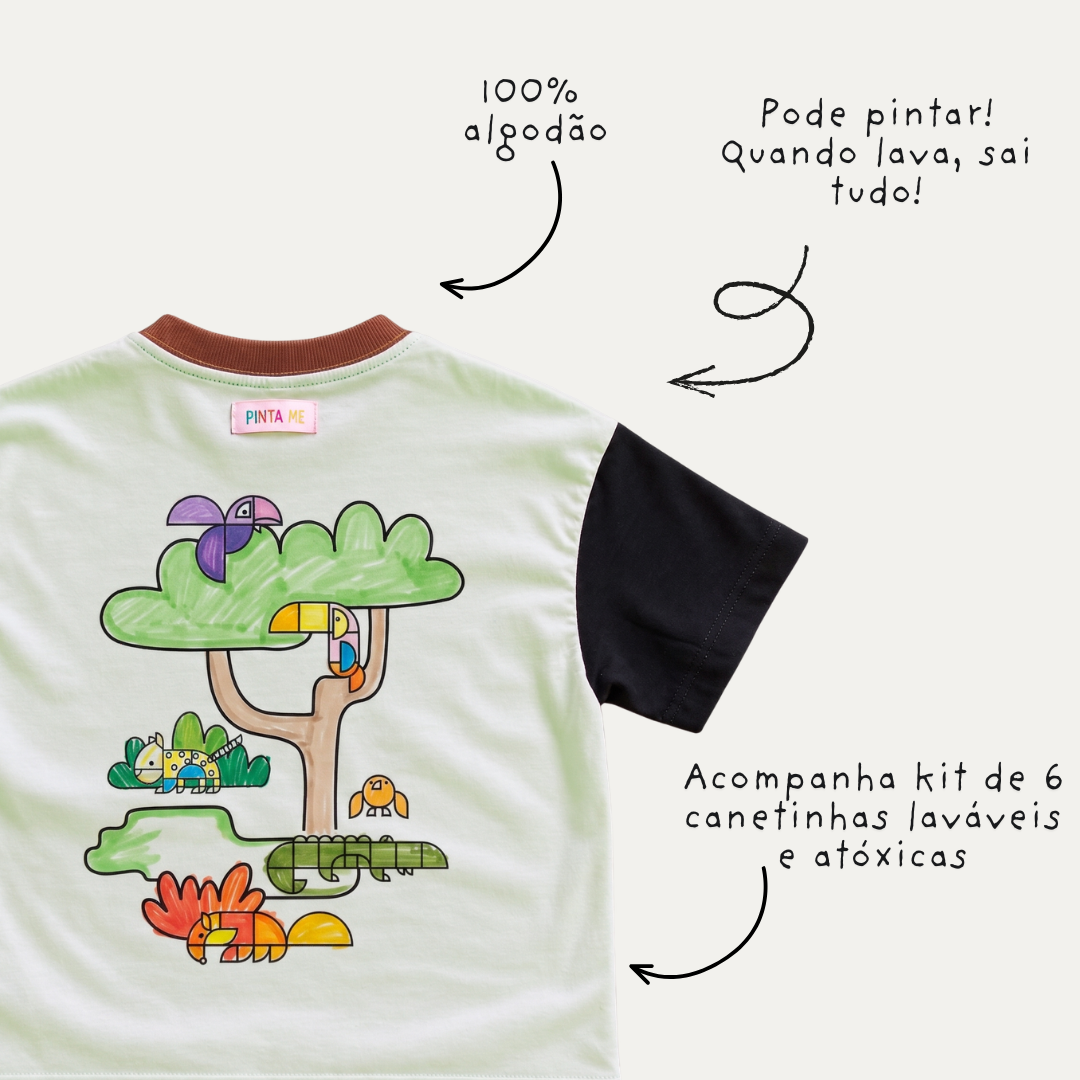 Camiseta Infantil para Pintar Arvoredo + 6 canetinhas