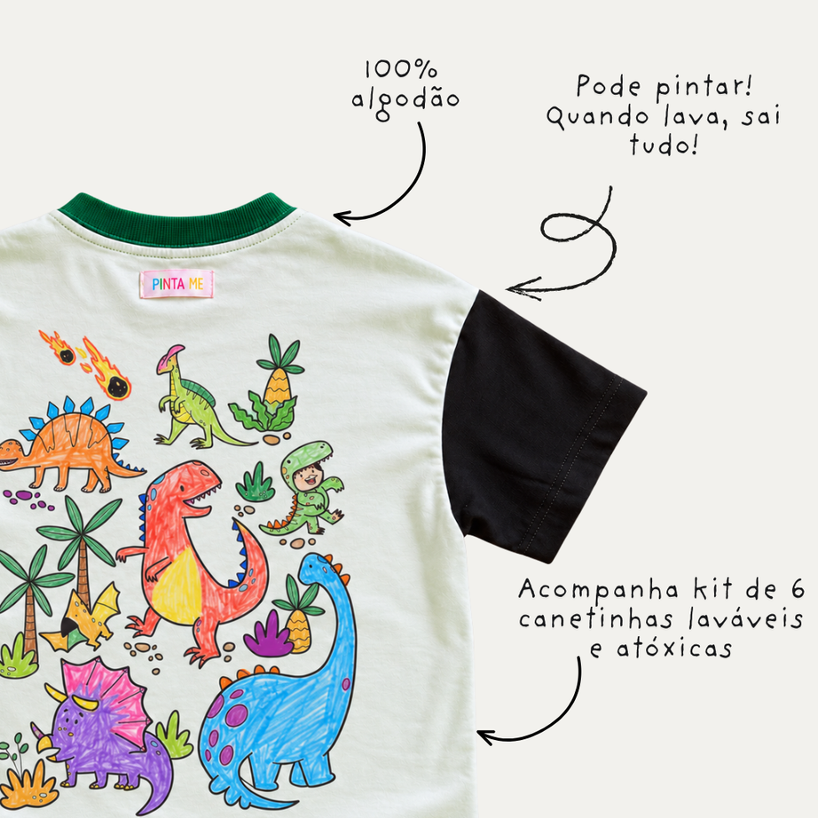 Camiseta Infantil VIRA! Dinos para Colorir + 6 Canetinhas