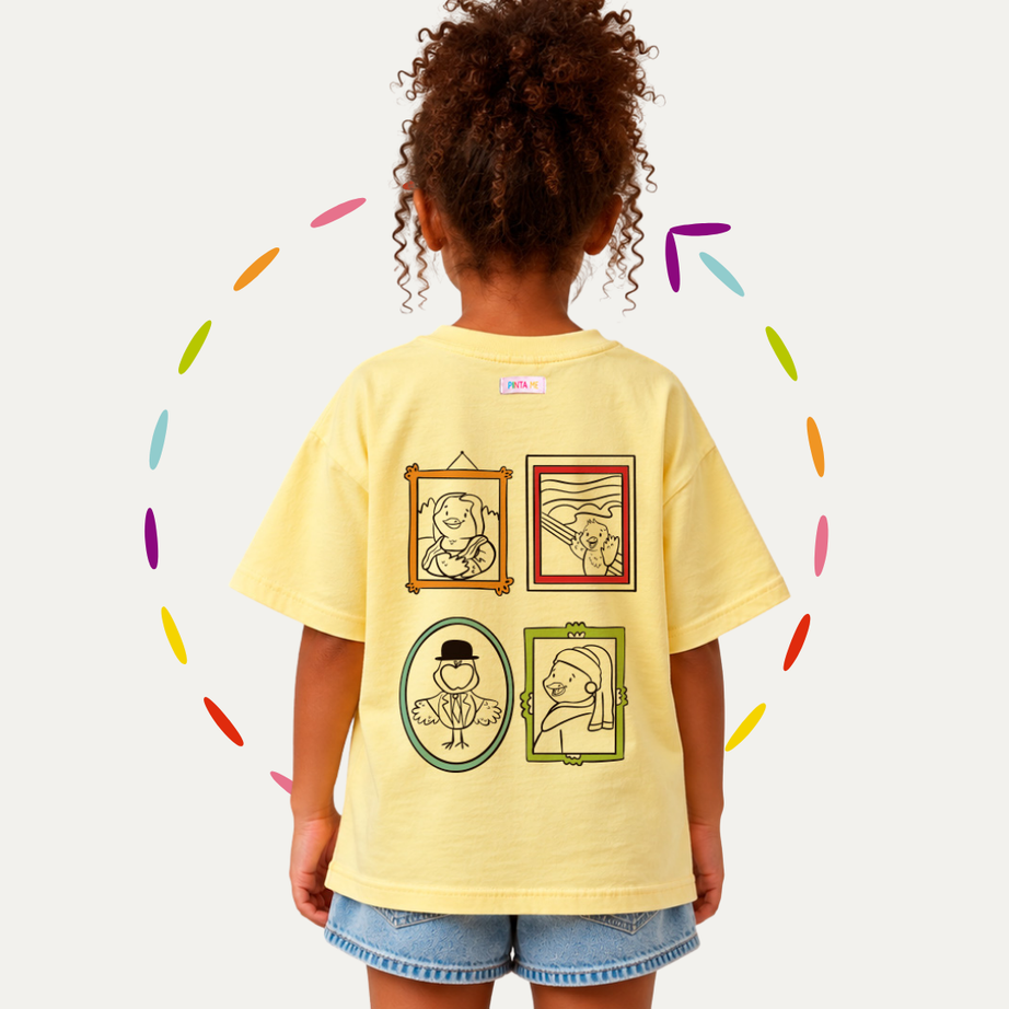 Camiseta Infantil VIRA! Obras de Arte + 6 canetinhas