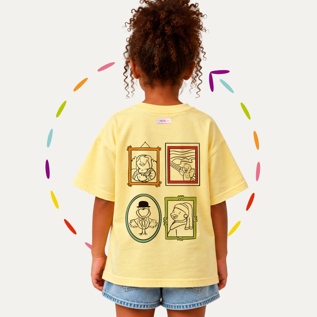 Camiseta Infantil VIRA! Obras de Arte + 6 canetinhas